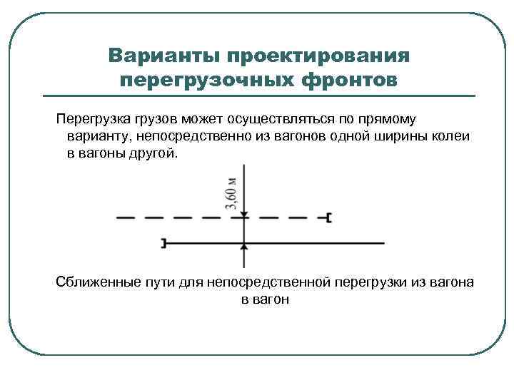 Варианты проектирования перегрузочных фронтов Перегрузка грузов может осуществляться по прямому варианту, непосредственно из вагонов