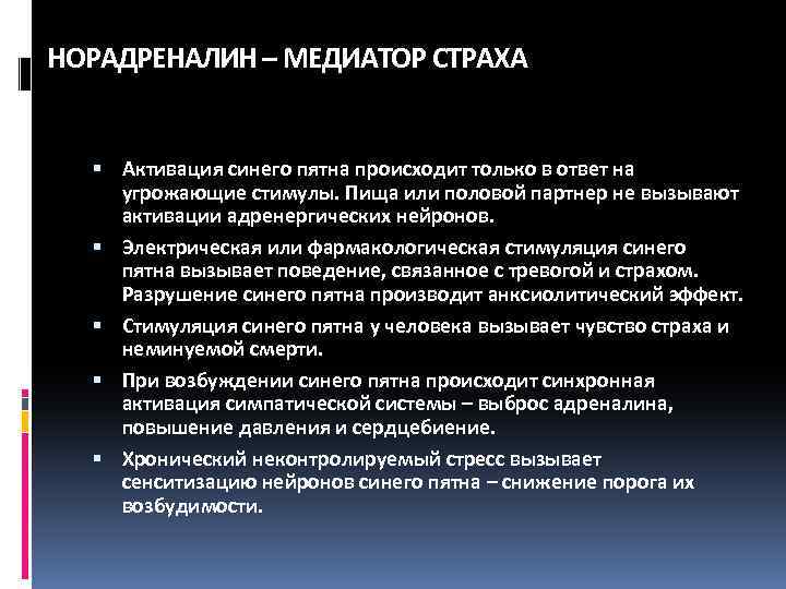 НОРАДРЕНАЛИН – МЕДИАТОР СТРАХА Активация синего пятна происходит только в ответ на угрожающие стимулы.