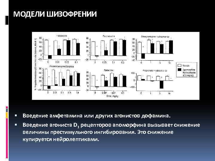 МОДЕЛИ ШИЗОФРЕНИИ Введение амфетамина или других агонистов дофамина. Введение агониста D 1 рецепторов апоморфина