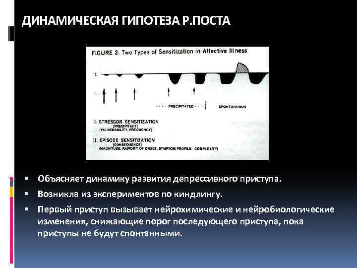ДИНАМИЧЕСКАЯ ГИПОТЕЗА Р. ПОСТА Объясняет динамику развития депрессивного приступа. Возникла из экспериментов по киндлингу.