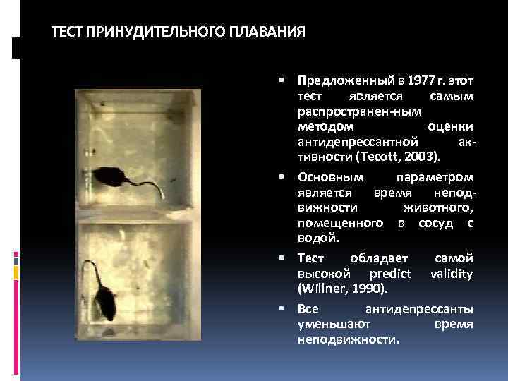 ТЕСТ ПРИНУДИТЕЛЬНОГО ПЛАВАНИЯ Предложенный в 1977 г. этот тест является самым распространен-ным методом оценки