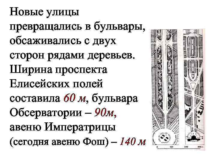 Новые улицы превращались в бульвары, обсаживались с двух сторон рядами деревьев. Ширина проспекта Елисейских
