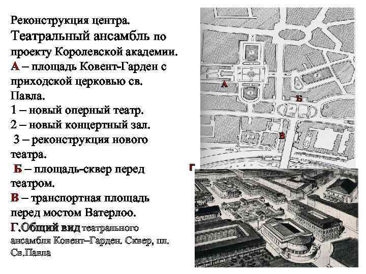 Реконструкция центра. Театральный ансамбль по проекту Королевской академии. А – площадь Ковент-Гарден с приходской