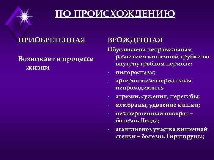 ПО ПРОИСХОЖДЕНИЮ ПРИОБРЕТЕННАЯ Возникает в процессе жизни ВРОЖДЕННАЯ Обусловлена неправильным развитием кишечной трубки во