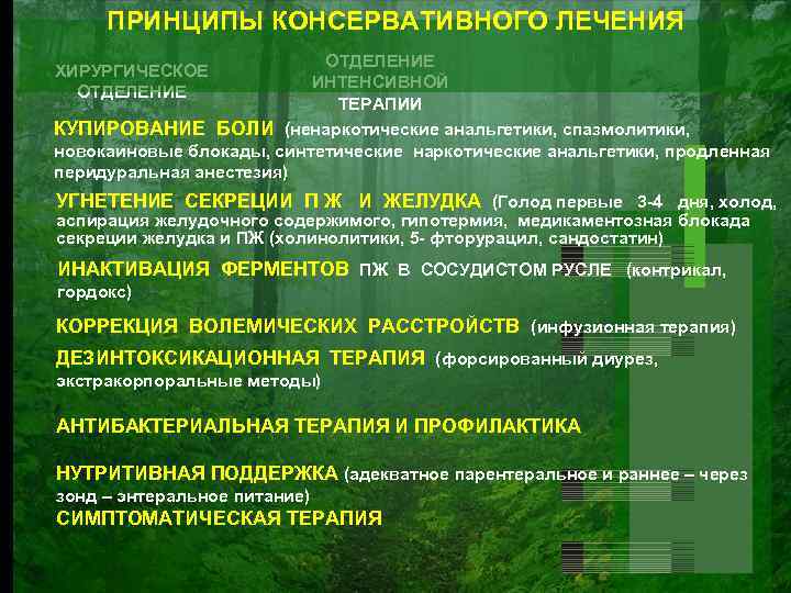 ПРИНЦИПЫ КОНСЕРВАТИВНОГО ЛЕЧЕНИЯ ОТДЕЛЕНИЕ ИНТЕНСИВНОЙ ТЕРАПИИ КУПИРОВАНИЕ БОЛИ (ненаркотические анальгетики, спазмолитики, новокаиновые блокады, синтетические