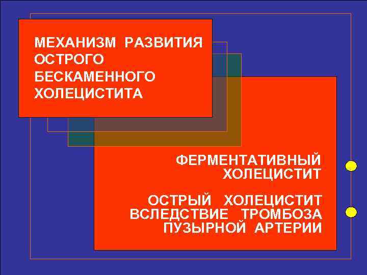 МЕХАНИЗМ РАЗВИТИЯ ОСТРОГО БЕСКАМЕННОГО ХОЛЕЦИСТИТА ФЕРМЕНТАТИВНЫЙ ХОЛЕЦИСТИТ ОСТРЫЙ ХОЛЕЦИСТИТ ВСЛЕДСТВИЕ ТРОМБОЗА ПУЗЫРНОЙ АРТЕРИИ 