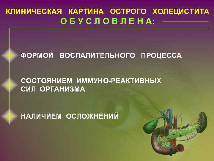 КЛИНИЧЕСКАЯ КАРТИНА ОСТРОГО ХОЛЕЦИСТИТА О Б У С Л О В Л Е Н