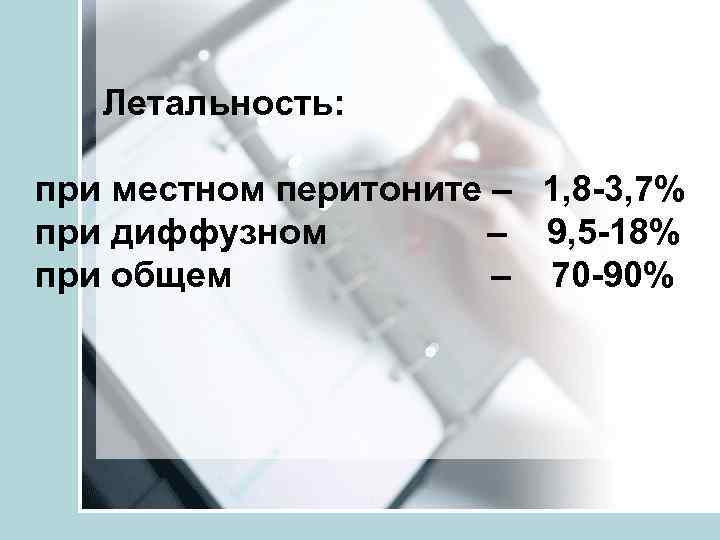  Летальность:  при местном перитоните – 1, 8 -3, 7% при диффузном