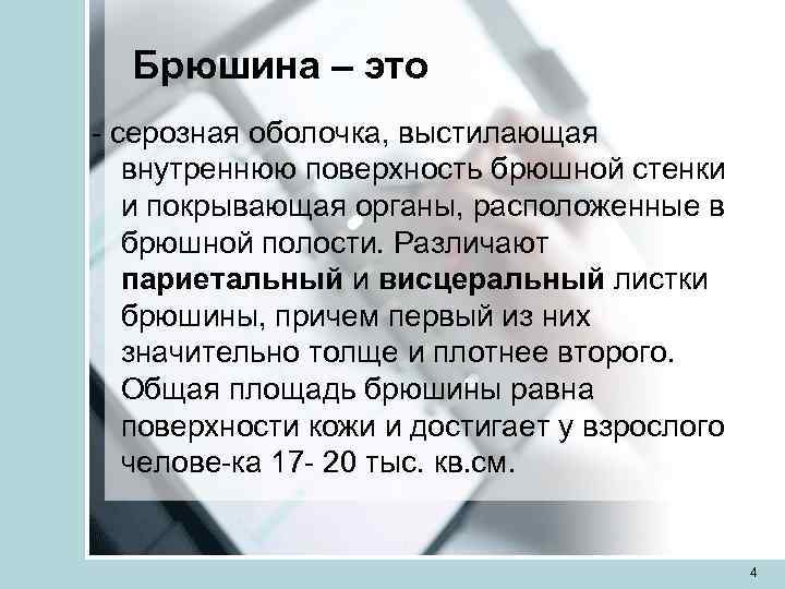  Брюшина – это  серозная оболочка, выстилающая  внутреннюю поверхность брюшной стенки 