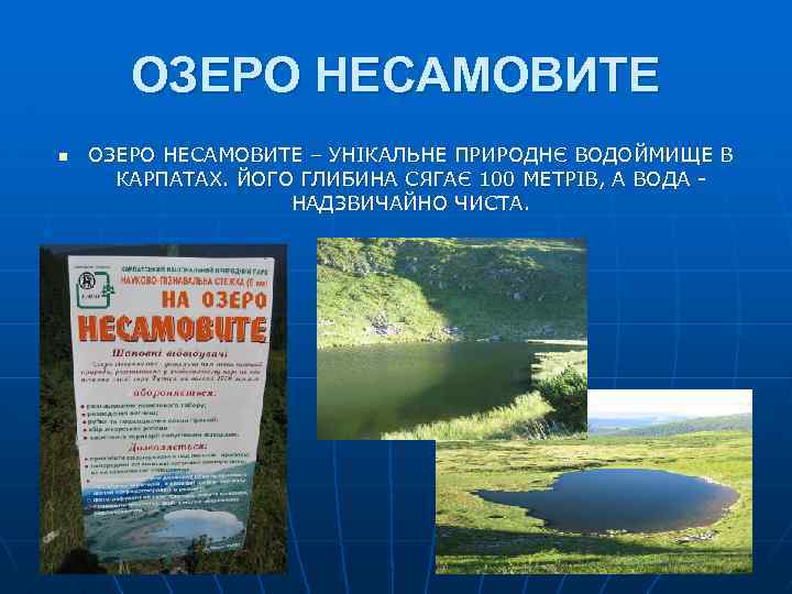 ОЗЕРО НЕСАМОВИТЕ n ОЗЕРО НЕСАМОВИТЕ – УНІКАЛЬНЕ ПРИРОДНЄ ВОДОЙМИЩЕ В КАРПАТАХ. ЙОГО ГЛИБИНА СЯГАЄ