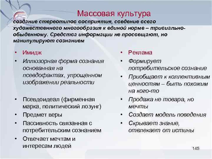 Массовая культура создание стереотипов восприятия, сведение всего художественного многообразия к единой норме – тривиальнообыденному.