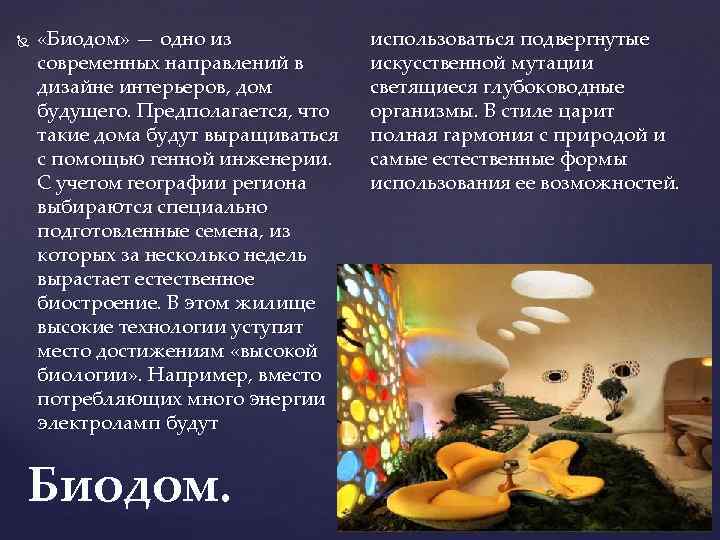  «Биодом» — одно из современных направлений в дизайне интерьеров, дом будущего. Предполагается, что