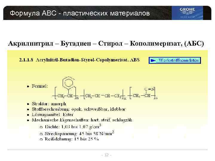 Формула АВС - пластических материалов Акрилнитрил – Бутадиен – Стирол – Кополимеризат, (АБС) -