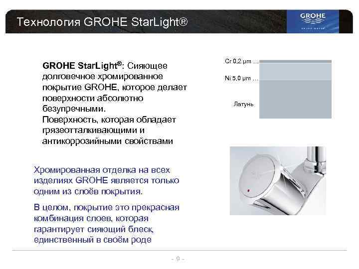 Технология GROHE Star. Light®: Сияющее долговечное хромированное покрытие GROHE, которое делает поверхности абсолютно безупречными.