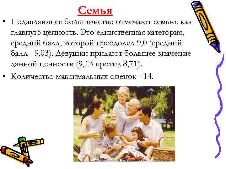 Семья • Подавляющее большинство отмечают семью, как главную ценность. Это единственная категория, средний балл,