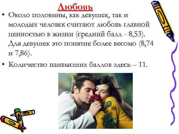 Любовь • Около половины, как девушек, так и молодых человек считают любовь главной ценностью