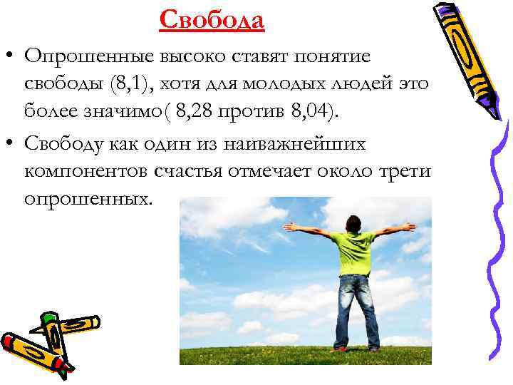Свобода • Опрошенные высоко ставят понятие свободы (8, 1), хотя для молодых людей это