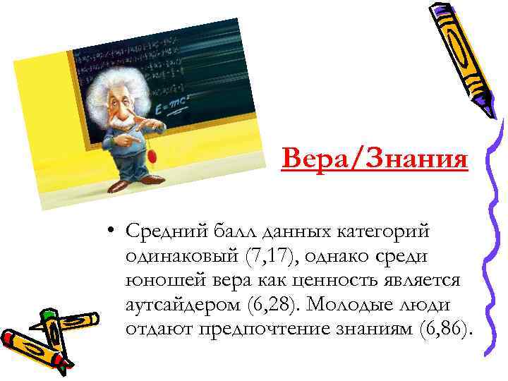 Вера/Знания • Средний балл данных категорий одинаковый (7, 17), однако среди юношей вера как