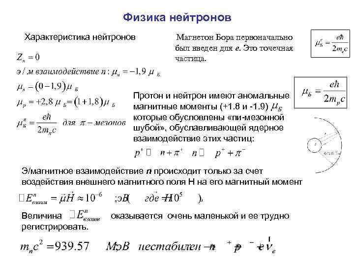 Физика нейтронов Характеристика нейтронов Магнетон Бора первоначально был введен для е. Это точечная частица.
