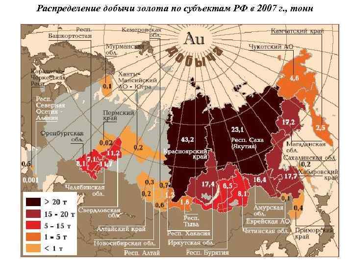 Распределение добычи золота по субъектам РФ в 2007 г. , тонн 