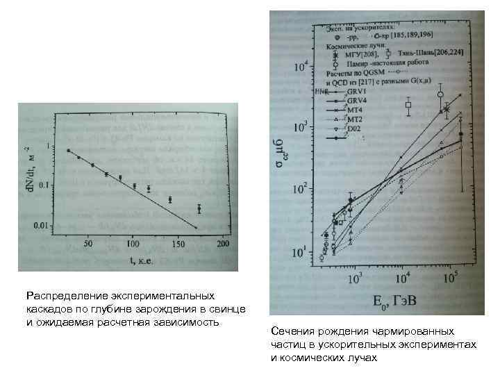 Распределение экспериментальных каскадов по глубине зарождения в свинце и ожидаемая расчетная зависимость Сечения рождения