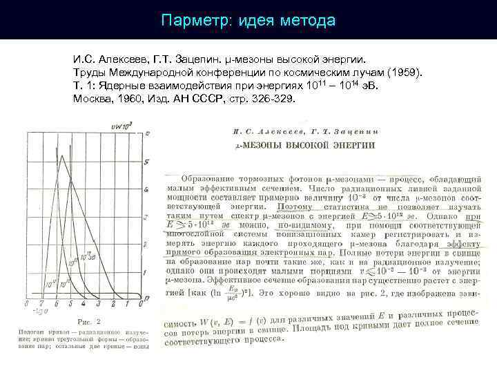 Парметр: идея метода И. С. Алексеев, Г. Т. Зацепин. μ-мезоны высокой энергии. Труды Международной