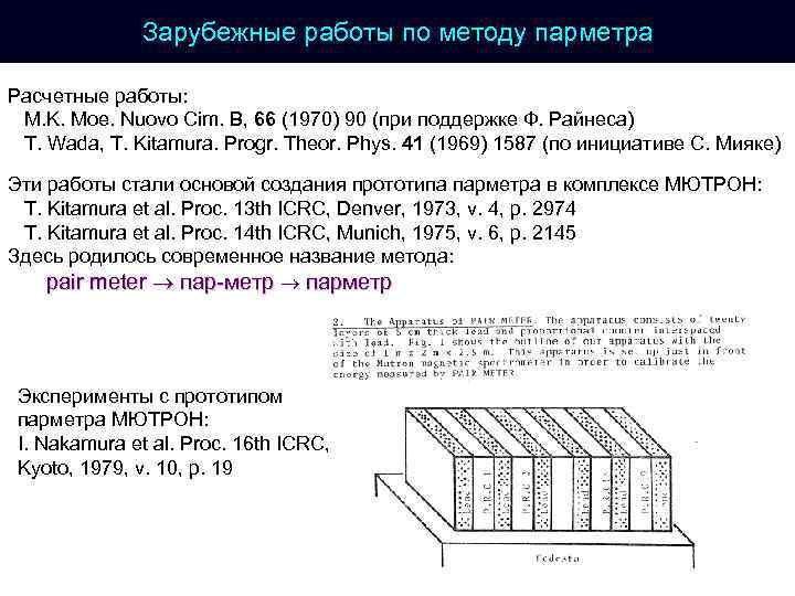 Зарубежные работы по методу парметра Расчетные работы: M. K. Moe. Nuovo Cim. B, 66