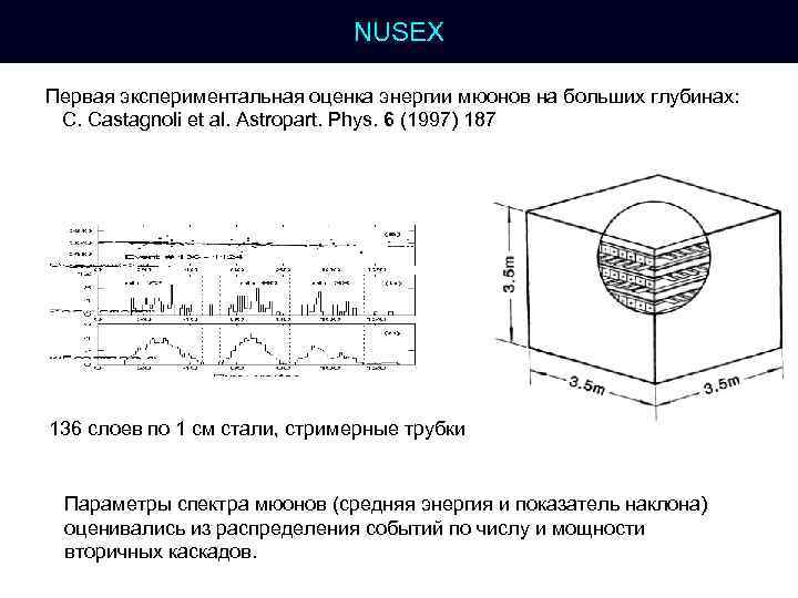 NUSEX Первая экспериментальная оценка энергии мюонов на больших глубинах: C. Castagnoli et al. Astropart.
