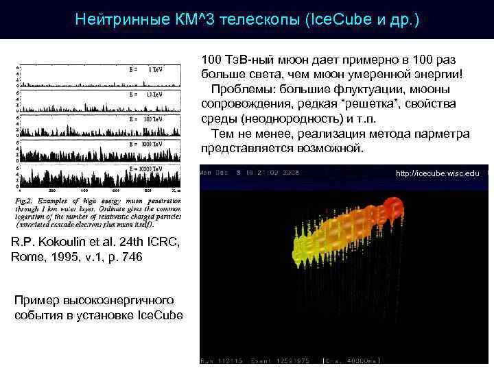 Нейтринные КМ^3 телескопы (Ice. Cube и др. ) 100 Тэ. В-ный мюон дает примерно