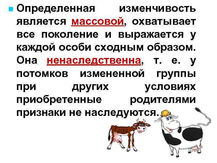 n Определенная изменчивость является массовой, охватывает все поколение и выражается у каждой особи сходным