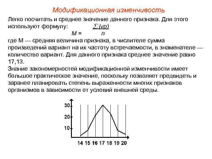 Модификационная изменчивость Легко посчитать и среднее значение данного признака. Для этого используют формулу: (vp)