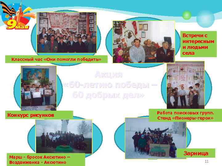 Встречи с интересным и людьми села Классный час «Они помогли победить» Акция « 60