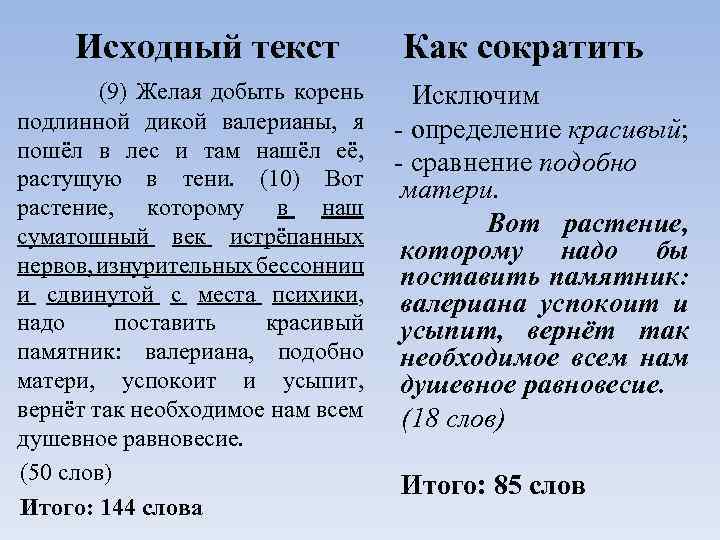 Исходный текст (9) Желая добыть корень подлинной дикой валерианы, я пошёл в лес и