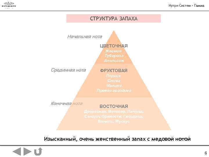 Нутри Систем · Гамма СТРУКТУРА ЗАПАХА Начальная нота ЦВЕТОЧНАЯ Жасмин Тубероза Апельсин Срединная нота