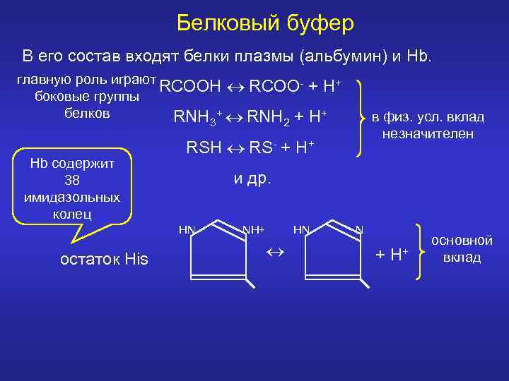 Белковый буфер В его состав входят белки плазмы (альбумин) и Hb. главную роль играют