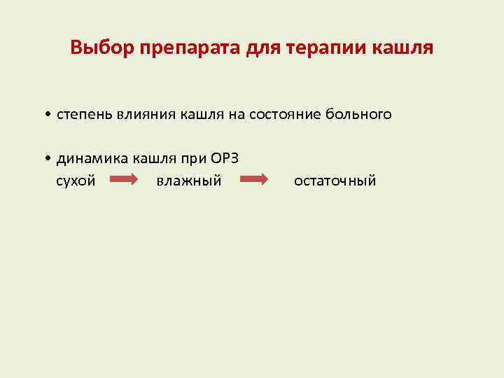 Выбор препарата для терапии кашля • степень влияния кашля на состояние больного • динамика