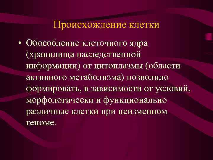 Происхождение клетки • Обособление клеточного ядра (хранилища наследственной информации) от цитоплазмы (области активного метаболизма)