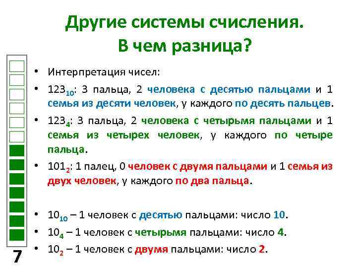Другие системы счисления. В чем разница? • Интерпретация чисел: • 12310: 3 пальца, 2
