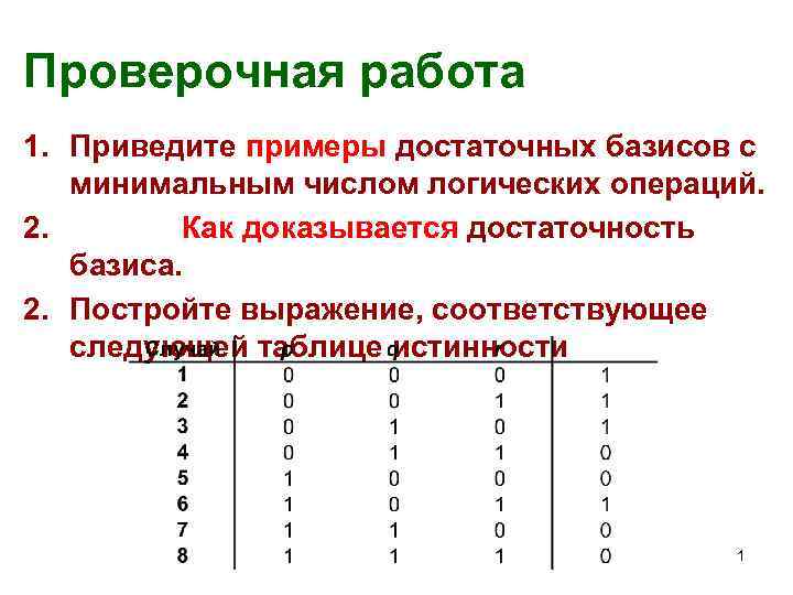 Проверочная работа 1. Приведите примеры достаточных базисов с минимальным числом логических операций. 2. Как
