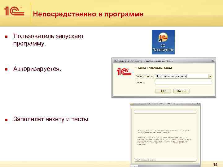 Непосредственно в программе n Пользователь запускает программу. n Авторизируется. n Заполняет анкету и тесты.