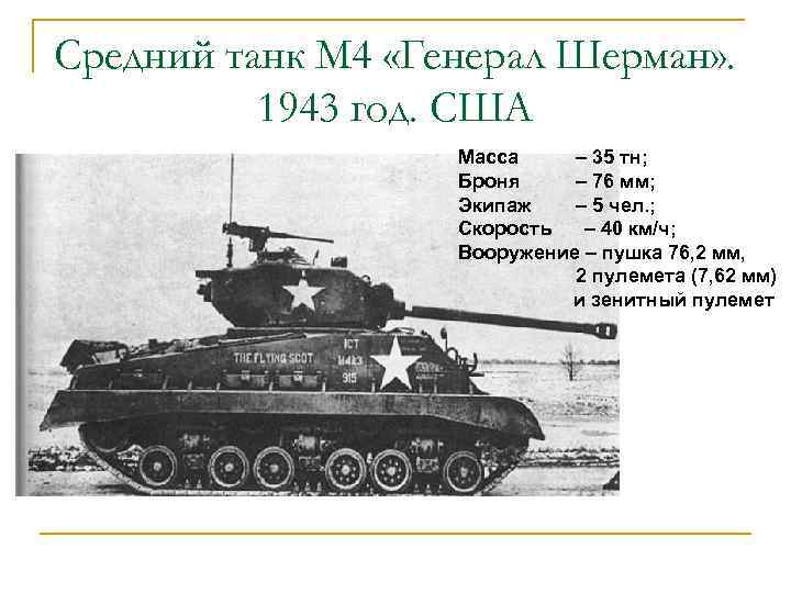 Средний танк М 4 «Генерал Шерман» . 1943 год. США Масса – 35 тн;