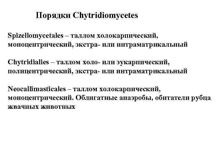 Порядки Chytridiomycetes Spizellomycetales – таллом холокарпический, моноцентрический, экстра- или интраматрикальный Chytridialies – таллом холо-