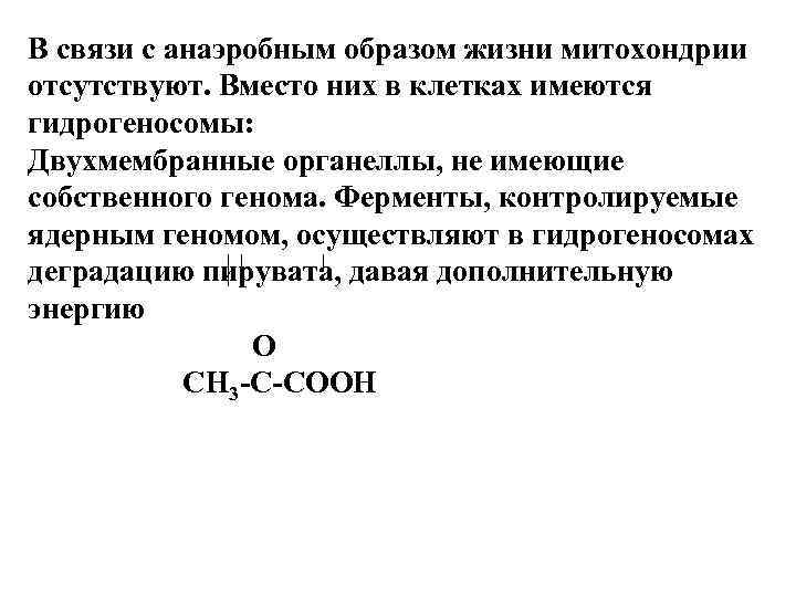 В связи с анаэробным образом жизни митохондрии отсутствуют. Вместо них в клетках имеются гидрогеносомы:
