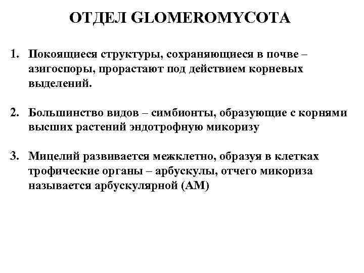 ОТДЕЛ GLOMEROMYСОTA 1. Покоящиеся структуры, сохраняющиеся в почве – азигоспоры, прорастают под действием корневых