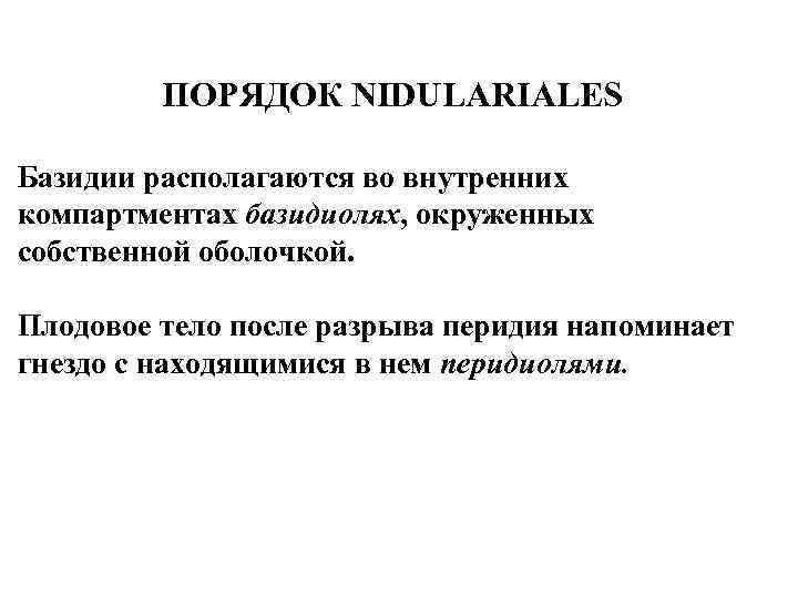 ПОРЯДОК NIDULARIALES Базидии располагаются во внутренних компартментах базидиолях, окруженных собственной оболочкой. Плодовое тело после