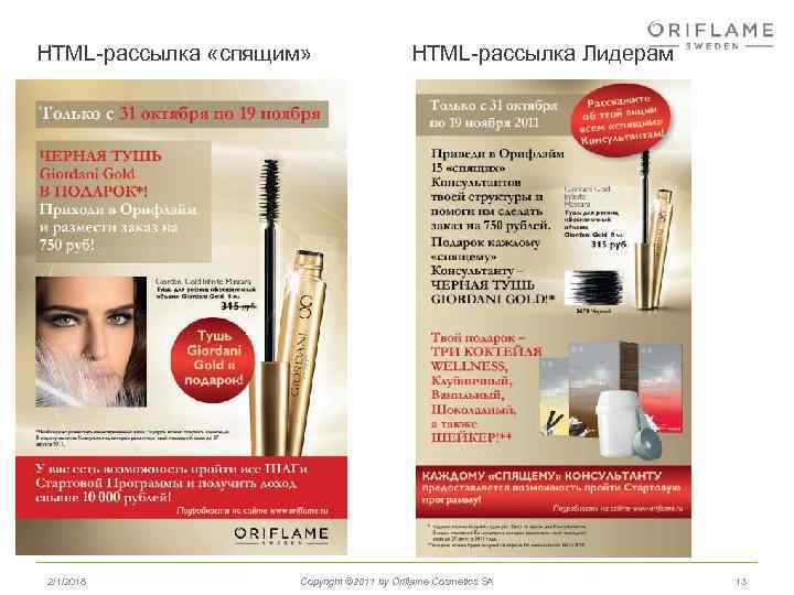 HTML-рассылка «спящим» 2/1/2018 HTML-рассылка Лидерам Copyright © 2011 by Oriflame Cosmetics SA 13 