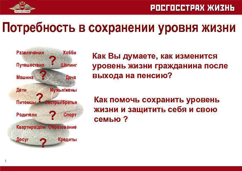 Потребность в сохранении уровня жизни Развлечения Путешествия Машина ? Дети ? Хобби Шопинг Дача