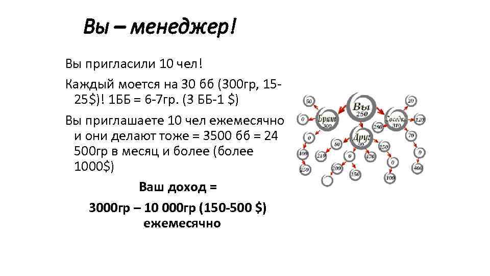 Вы – менеджер! Вы пригласили 10 чел! Каждый моется на 30 бб (300 гр,