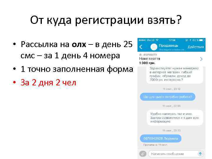 От куда регистрации взять? • Рассылка на олх – в день 25 смс –