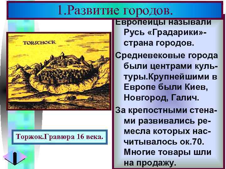 1. Развитие городов. Торжок. Гравюра 16 века. Меню Европейцы называли Русь «Градарики» страна городов.